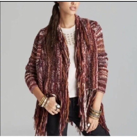 Free People Boho Birkenstock Boho Tassel Fringe Cardigan Sweater Red Multi Small - Picture 5 of 9